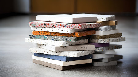 A stack of old, dirty, multicolored bricks in a roomの素材