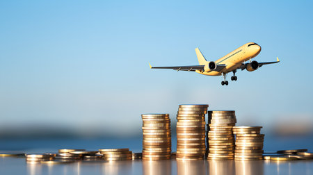 airplane on stack of coins with bokeh background, business and finance conceptの素材