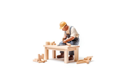 Miniature worker sitting at the table and working with wooden blocks isolated on white backgroundの素材