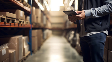 Businessman working in warehouse using tablet computer. This is a freight transportation and distribution warehouse.の素材