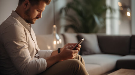 Handsome young man using his smartphone while sitting in the living room at homeの素材