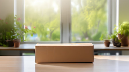 Blank brown cardboard box on wooden table in front of the windowの素材