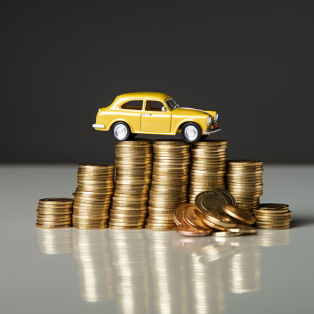 Gold coins stack with car on black background. 3d illustration.の素材
