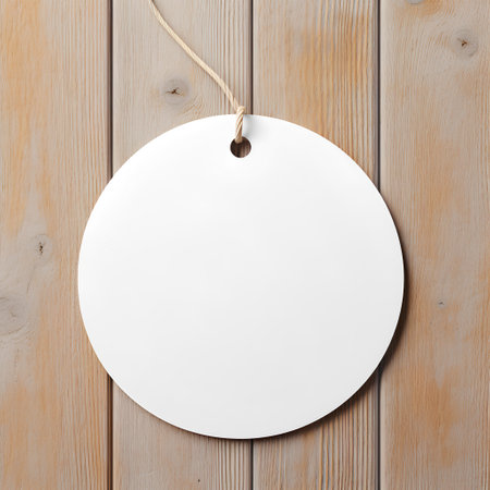 Blank price tag on wooden background. Top view with copy spaceの素材