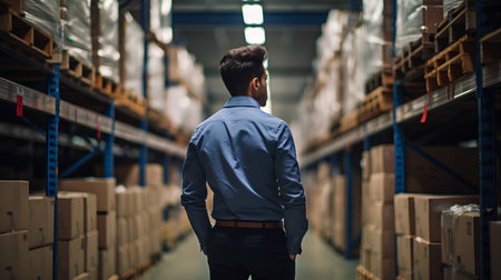 Rear view of young businessman standing in warehouse. This is a freight transportation and distribution warehouse. Industrial and industrial workers conceptの素材