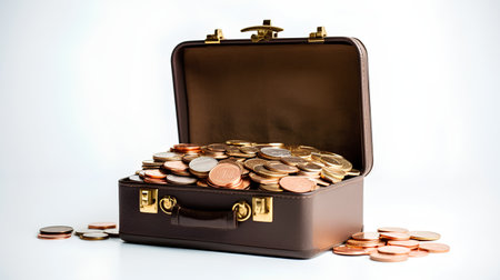 Brown leather briefcase full of coins isolated on a white background.の素材