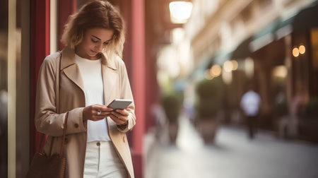 Beautiful young woman using mobile phone in the city. Urban scene.の素材