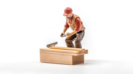 Wooden toy worker with a hammer on a white background. 3d illustrationの素材
