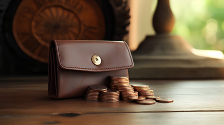 Brown leather wallet and coins on a wooden table with blurred background.の素材