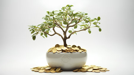 Investment concept, Coins in a pot with tree on white backgroundの素材