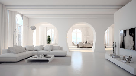 3d rendering of white living room in modern house with large windowsの素材