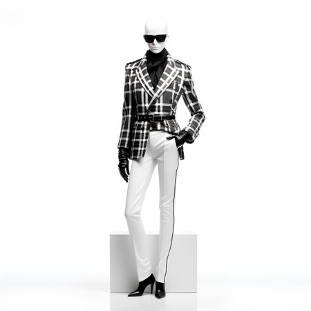 fashion mannequin in checkered jacket and sunglasses on white backgroundの素材