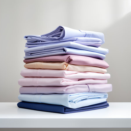 Stack of colorful shirts on a white shelf. 3d render.の素材