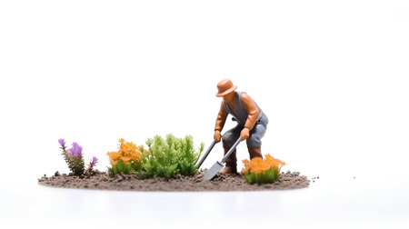 Miniature people : gardener digging soil with shovel on white backgroundの素材