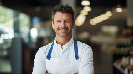 Portrait of smiling male worker in apron standing with arms crossed in supermarketの素材