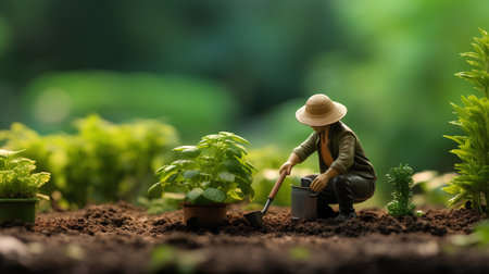 Miniature people : Farmer planting basil seedlings in the garden.の素材