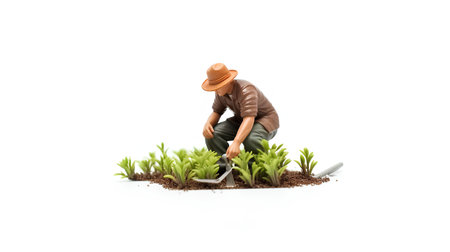 Miniature gardener planting a plant in the ground isolated on white backgroundの素材