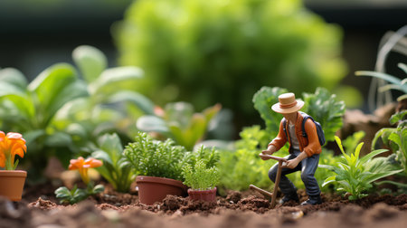 Miniature people : Gardener working in the garden, Gardening conceptの素材