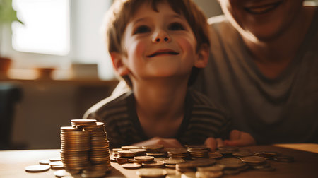 Cute little boy and his father playing with coins at home.の素材