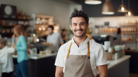 Portrait of a smiling barista standing in a coffee shop.の素材