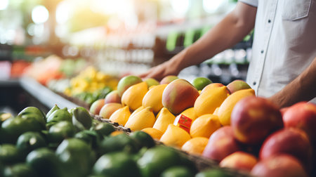 Close up of fresh fruits and vegetables on the shelves in the supermarketの素材