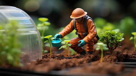 Miniature people : Gardener planting seedlings in the garden.の素材