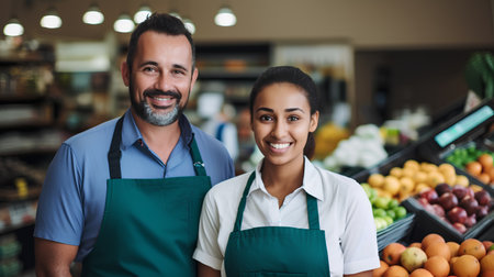 Portrait of a smiling female and male staff in a grocery storeの素材