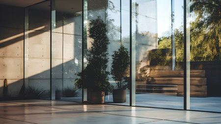 Interior of modern office building with glass wall. 3d renderingの素材