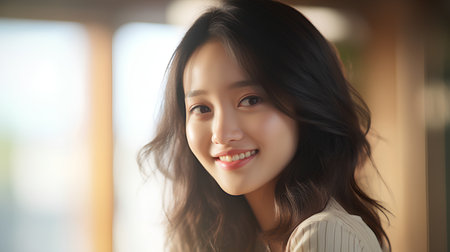 Portrait of beautiful young asian woman smiling and looking at cameraの素材