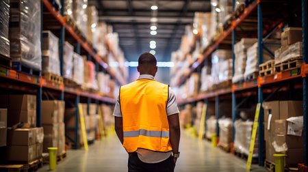 Rear view of young African American male warehouse worker standing in warehouse. This is a freight transportation and distribution warehouse. Industrial and industrial workers conceptの素材