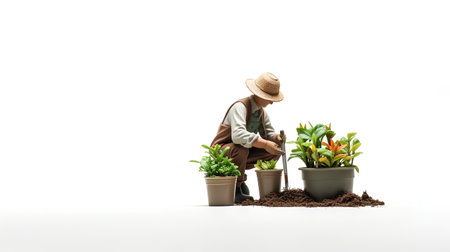 Full length portrait of senior gardener in hat and apron planting plants in pots isolated on white backgroundの素材