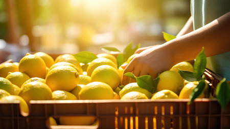 Woman picking fresh lemons in a basket. Selective focus. nature.の素材
