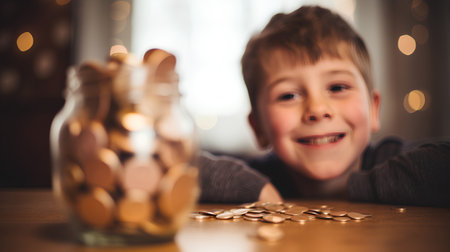 Little boy with piggy bank and coins on the table at homeの素材