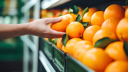 Close-up of female hand choosing ripe oranges on shelf in supermarketの素材