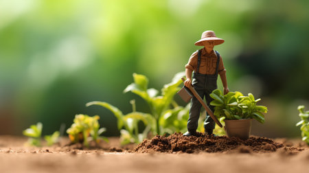 Miniature people : Farmer working in the garden with seedling.の素材
