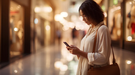 Woman using mobile phone in shopping mall at night. Blurred background.の素材