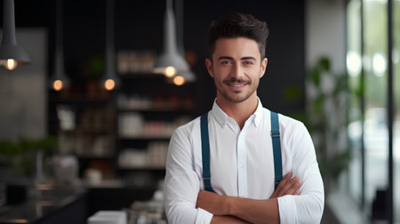 Portrait of handsome young man standing with arms crossed in cafe.の素材