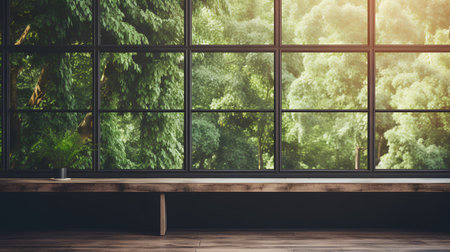 Wooden shelf in the room with a large window overlooking the forest. 3d renderingの素材