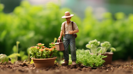 Miniature people : gardener working in the garden. Gardening concept.の素材
