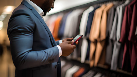 Businessman using mobile phone in a clothing store. Business concept.の素材