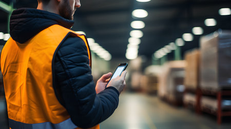 Warehouse worker using smartphone in warehouse. Logistics and wholesale business concept.の素材