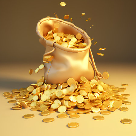 Gold coins fall into a bag. 3d illustration. 3D renderingの素材