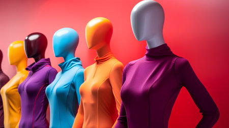 Colorful mannequins on red background. 3d renderingの素材