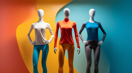 3d render of mannequins in different clothes on colorful backgroundの素材