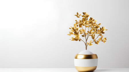 3d render of golden vase with golden plant on a white backgroundの素材