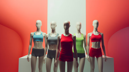 3d render of fashion mannequins in swimsuits on red and green backgroundの素材