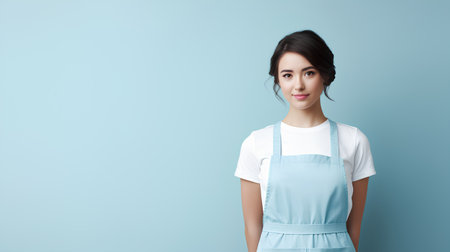 Portrait of young beautiful asian woman in apron, isolated on blue backgroundの素材
