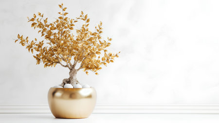 Easter tree in golden vase on white wall background with copy spaceの素材