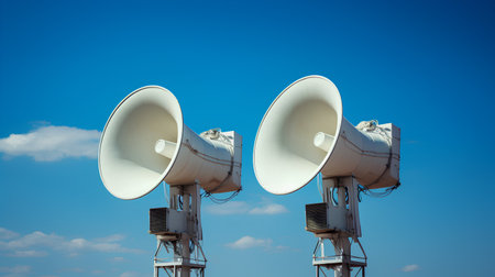 Large white loudspeakers on a blue sky background. 3d renderingの素材