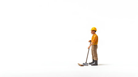 Full length portrait of a young male construction worker in hardhat standing isolated on white background.の素材
